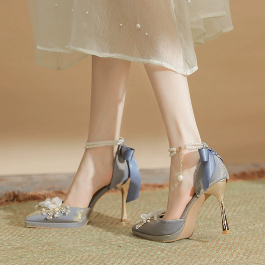 2024 Spring New Arrival Flower Bow Tie Pearl Chain Waterproof Platform Stiletto High Heels Women's Red Wedding Shoes Sandals