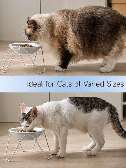 High Foot Cat Bowl Ceramic Cat Food Holder Not Easy to Knock over Large Diameter Cat Food Bowl Cat Water Bowl Double Bowl Neck Protection Pet Bowl