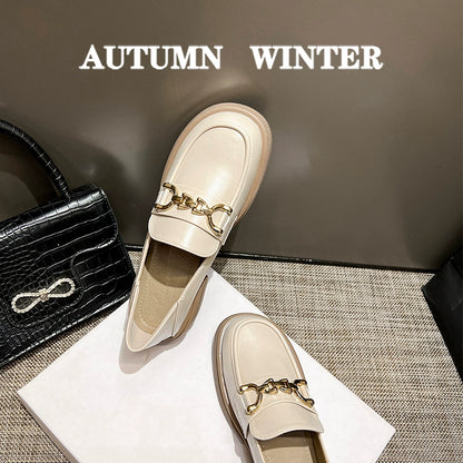 Thick Sole French Style White Chunky Heels 41-43 Loafers