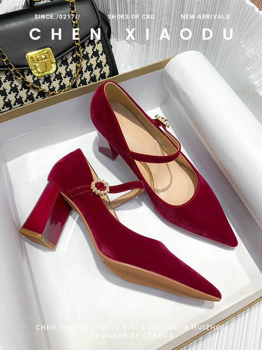 Pointed Toe Wine Red Bridal Wedding Shoes Pearl Strap Mary Jane Shoes High Heels Women's Bridesmaid Shoes Chunky Heel Flats
