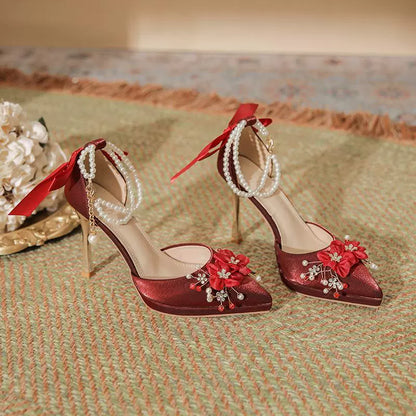 2024 Spring New Arrival Flower Bow Tie Pearl Chain Waterproof Platform Stiletto High Heels Women's Red Wedding Shoes Sandals