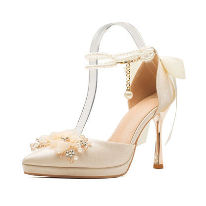 2024 Spring New Arrival Flower Bow Tie Pearl Chain Waterproof Platform Stiletto High Heels Women's Red Wedding Shoes Sandals