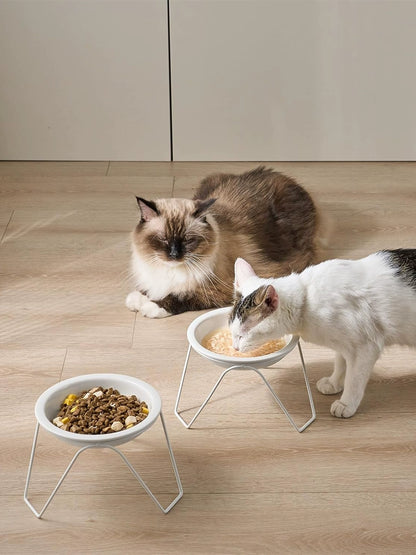 High Foot Cat Bowl Ceramic Cat Food Holder Not Easy to Knock over Large Diameter Cat Food Bowl Cat Water Bowl Double Bowl Neck Protection Pet Bowl