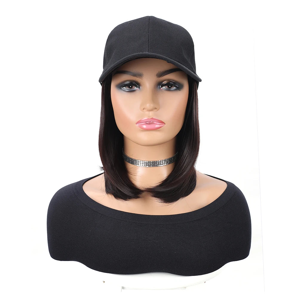 Baseball Cap with Synthetic Hair Extensions 10 Inches Straight Short Bob Hairstyle Adjustable Wig Hat for Women Girls