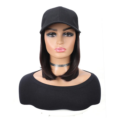 Baseball Cap with Synthetic Hair Extensions 10 Inches Straight Short Bob Hairstyle Adjustable Wig Hat for Women Girls
