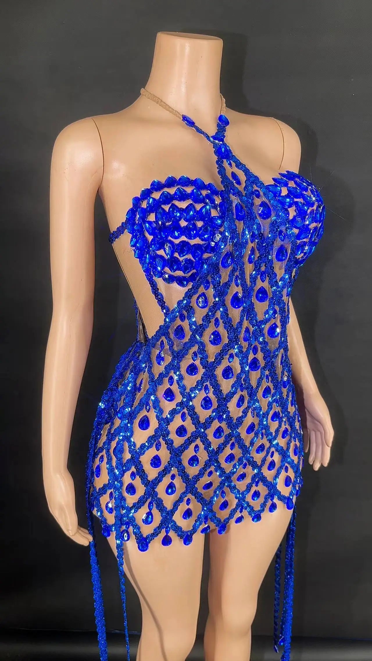 Sexy Sparkly Multicolor Rhinestones Sleeveless Mesh Transparent Short Dress Women Birthday Celebrate Prom Dance Dress Plus Size