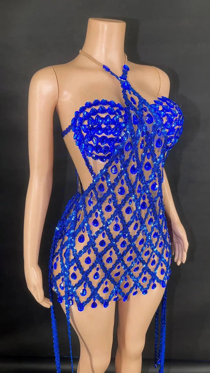 Sexy Sparkly Multicolor Rhinestones Sleeveless Mesh Transparent Short Dress Women Birthday Celebrate Prom Dance Dress Plus Size
