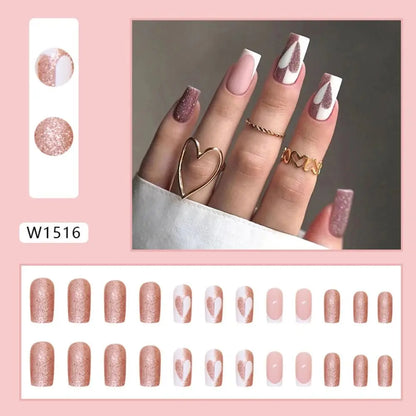 24pcs Square False Nails Glitter Heart White Crackle Fake Nails Full Cover Press on Nails Nail Tips DIY Women Girls Nails