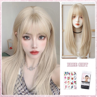 LM White Ombre Black Synthetic Wig for Women Long Curly Wave Wigs with Bangs Cosplay Party Heat Resistant Hair