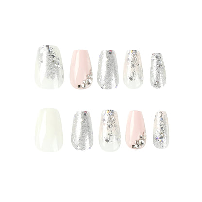 24 Pcs Glossy Short Coffin Press On Nails Pink And White French Style False Nails With Rhinestone Reusable Fake Nails