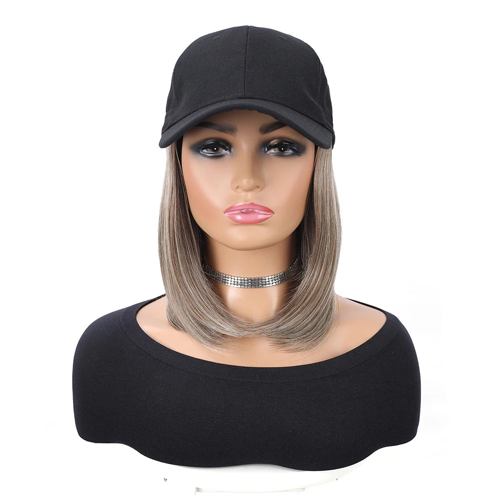 Baseball Cap with Synthetic Hair Extensions 10 Inches Straight Short Bob Hairstyle Adjustable Wig Hat for Women Girls