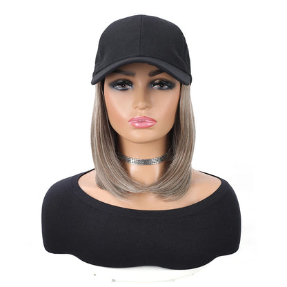 Baseball Cap with Synthetic Hair Extensions 10 Inches Straight Short Bob Hairstyle Adjustable Wig Hat for Women Girls