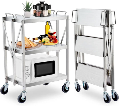 Heavy Duty Folding Utility Cart, Stainless Steel Collapsible Service Cart 133 Lbs Large Loading Per Shelf, 3-Tier Rolling Cart