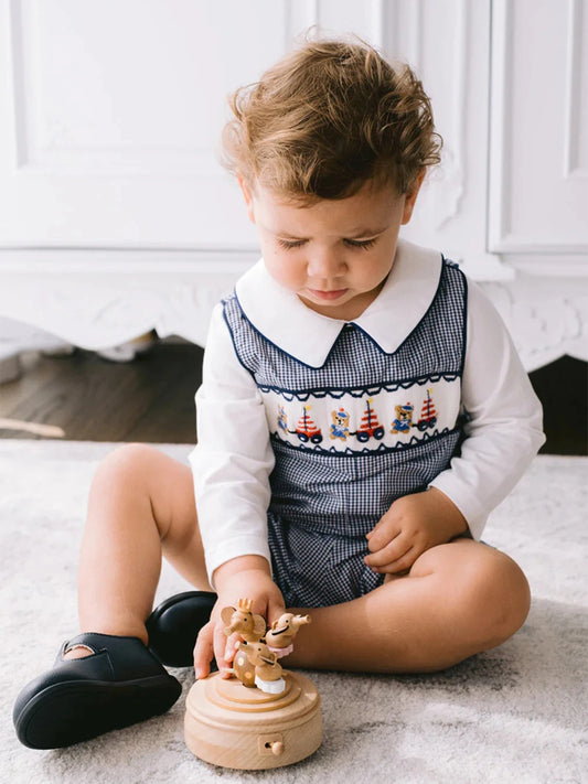 2024 Baby Summer Clothes Boy Embroidery Suspenders Pants Children Plaid Leisure Suit Infants Smocked Clothing Kids Outfits