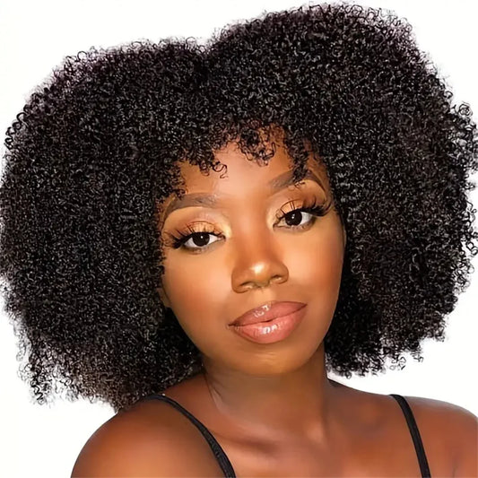 Afro Kinky Curly Human Hair Wigs With Bangs For Black Women 100% Human Hair Wig Cheap Malaysian Machine Made Human Hair Wigs