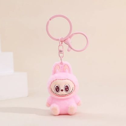 Sitting Labubu Doll Keychain External Implantation Fluff Pvc  Phone Ornaments Bag Charms Car Keychain Christmas Gifts