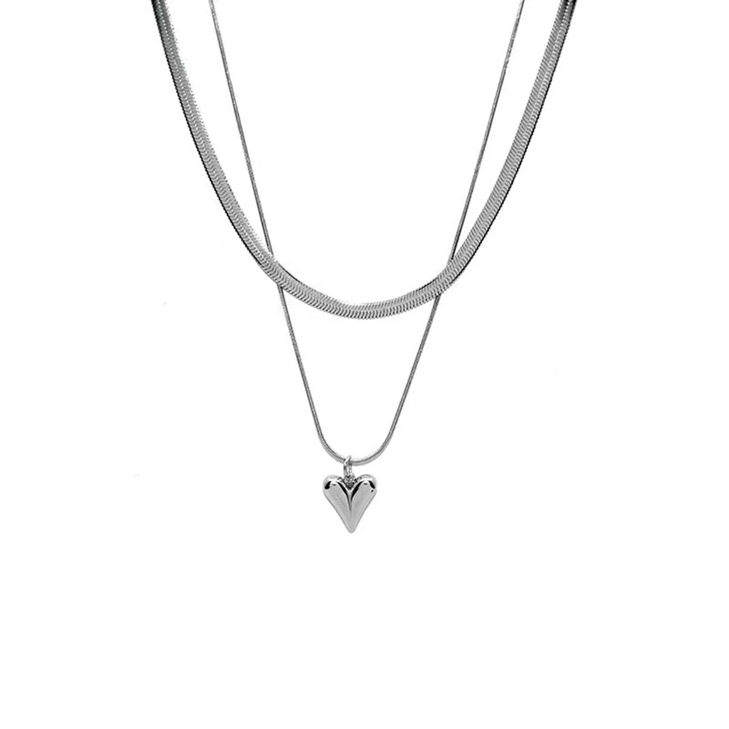 Seakissky Simple Stylish Double-layer Stainless Steel Necklace Charming Love Heart Pendant Hot Selling High-quality Women Gifts