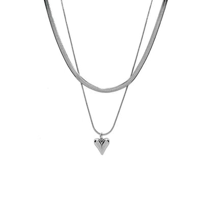 Seakissky Simple Stylish Double-layer Stainless Steel Necklace Charming Love Heart Pendant Hot Selling High-quality Women Gifts