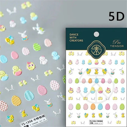 Noble Rococo Bunny Girl Pearl Butterfly Easter Egg Rabbit Soft Relief Self Adhesive 5D Nail Art Decoration Sticker 3D Nail Decal