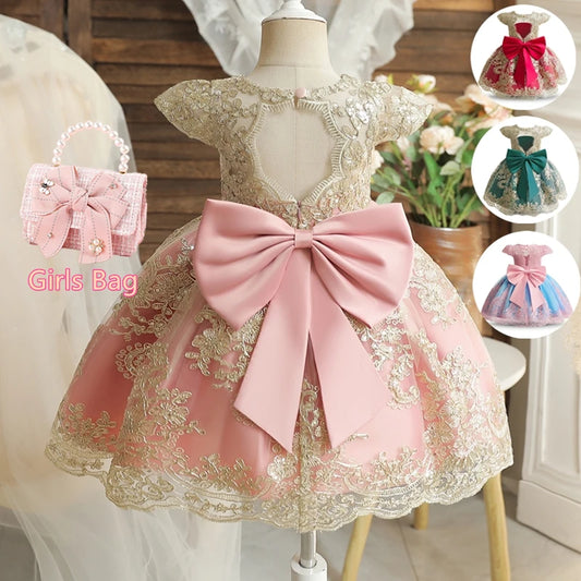 Embroidery Elegant Princess Dress for Girls Luxury Golden Lace Vintage Children Festival Party Gown Baby Formal Weddings Dresses