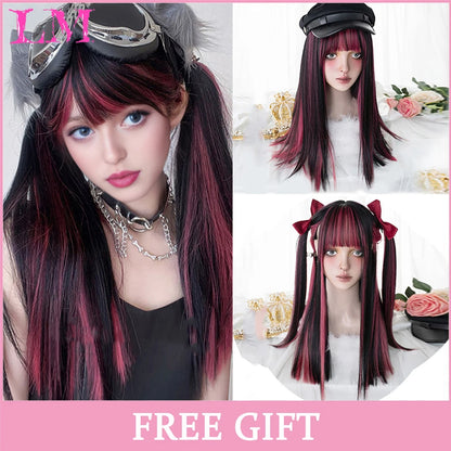 LM White Ombre Black Synthetic Wig for Women Long Curly Wave Wigs with Bangs Cosplay Party Heat Resistant Hair
