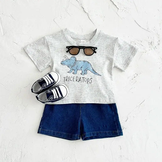 Summer Newborn Baby Boys Clothing Set Dinosaur Print Short Sleeved 2Pcs Casual Denim Shorts Overall Suit Toddler Boys Outfit