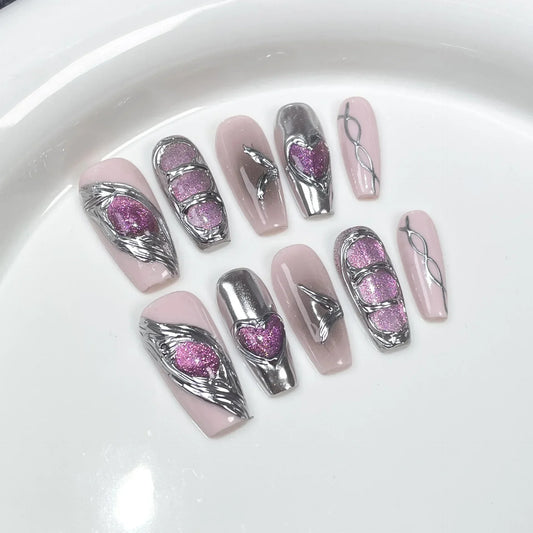 10pcs Cat Eye Press on Nails Y2k Metal Fake Nail with Glue Black Sweet Cool Press on False Nails Wearable Long Coffin Nails Art