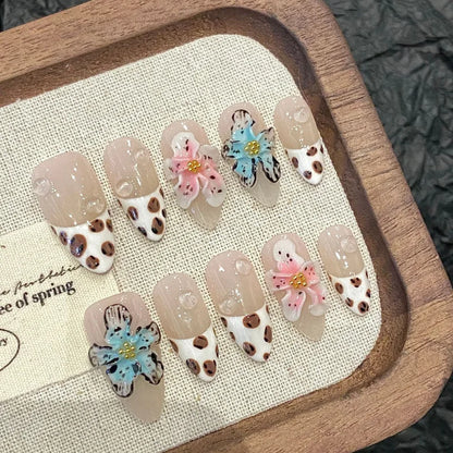 10Pcs French Almond Handmade Press on Nails Bowknot Fake Nails Wearable Stick-on Nails False Nail Накладные Ногти Faux Ongles