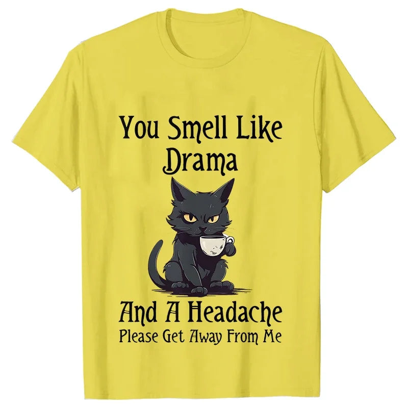 Black Cat Coffee T-shirts Women Pet Cartoon Tshirts You Smell Like Drama Print Women's Clothing Cat Mom Women Tee T-Shirts Tops