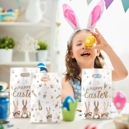 50pcs Happy Easter Tote Bags with Handles Cartoon Bunny Three Rabbits Plastic Gift Bags for Easter Egg Hunt Party Favors Gifts