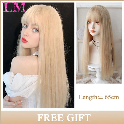 LM White Ombre Black Synthetic Wig for Women Long Curly Wave Wigs with Bangs Cosplay Party Heat Resistant Hair