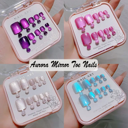 10pcs Aurora Mirror Toe Nails Fake Girls Square Press On Nails For Foot Articficial Acrylic False Toenails Detachable
