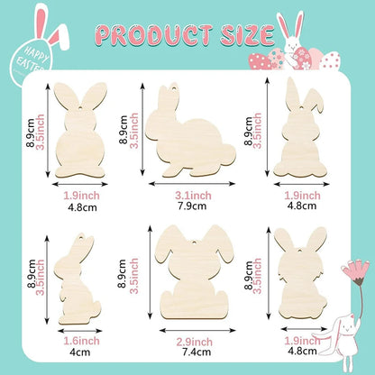 6/12Pcs Easter Wooden Bunny Pendants Blank Rabbit Wood Chips Kids Easter Party DIY Painting Crafts Gift Home Hanging Decoration