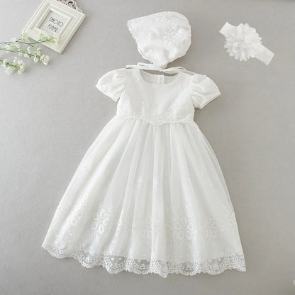 Hetiso White Infant Dress for Baptism Baby Girls Lace Dresses with hat Kids Clothes Christening Birthday Outfits 3-24 Month