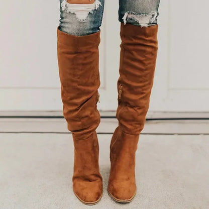 2024 Women Knee-High Boots Sexy High Heels Solid Color Women Shoes Zip Winter Warm Flock Fashion Pointed Toe Rome Females Boots
