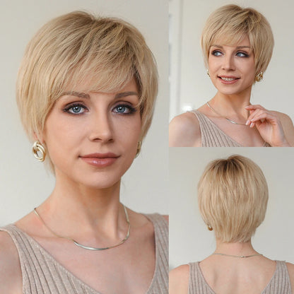 Pixie cut Human hair Wigs Sand Blonde Short Straight Bob Wigs with Bangs 100% Real Human Hair Glueless Wigs Natural Daily Use