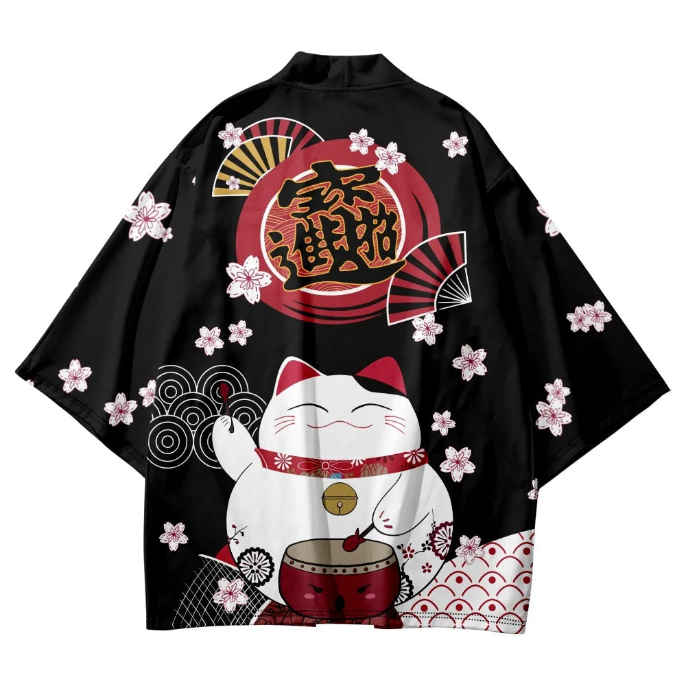 Japanese Kimono Yukata Samurai Kimono Man Cat Print Shirt Clothing Harajuku Cardigan For MenTraditional Haori Kimono Women