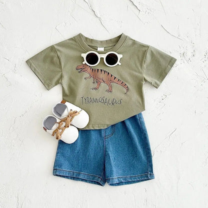 Summer Newborn Baby Boys Clothing Set Dinosaur Print Short Sleeved 2Pcs Casual Denim Shorts Overall Suit Toddler Boys Outfit