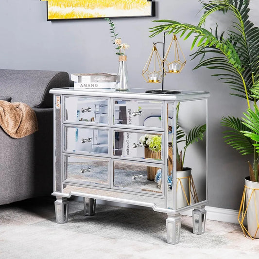 Mirrored Dresser 6 Mirrored Drawers, Mirrored Cabinet, Glass Mirror Dresser for Bedroom with 6 Storage Drawer Modern
