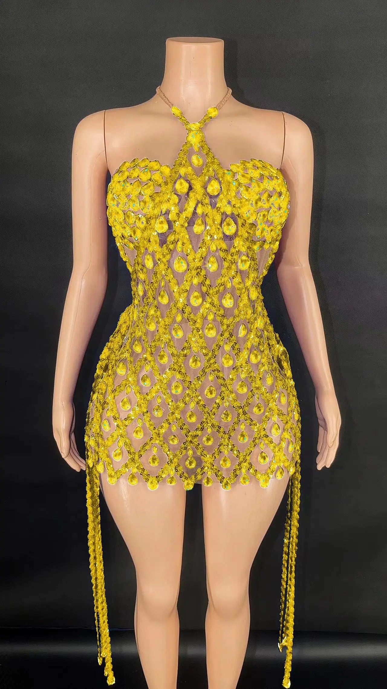 Sexy Sparkly Multicolor Rhinestones Sleeveless Mesh Transparent Short Dress Women Birthday Celebrate Prom Dance Dress Plus Size