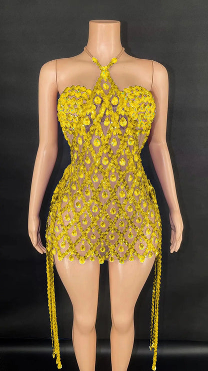 Sexy Sparkly Multicolor Rhinestones Sleeveless Mesh Transparent Short Dress Women Birthday Celebrate Prom Dance Dress Plus Size