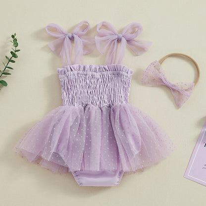FOCUSNORM 0-18M Infant Baby Girls Princess Romper Dress 2pcs Strap Sleeveless Lace Up Dot Mesh Tulle Jumpsuits Hairband