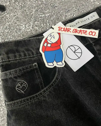 Harajuku Gothic Streetwear Polar Big Boy Jeans Japanese Hip Hop Cartoon Embroidery Baggy Jean Black Pant High Waisd Wide Trouser