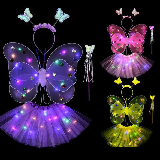 2-8Y Kids Butterflies Princess Costume Luminous Fairy Wing Birthday Party Halloween Stage Dress Up Easter Valentines Day Gift