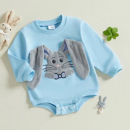 Baby Girl Easter Floral Romper with Bunny Ear Headband Set Spring Outfit Toddler Jumpsuit Clothes Embroidery Detail