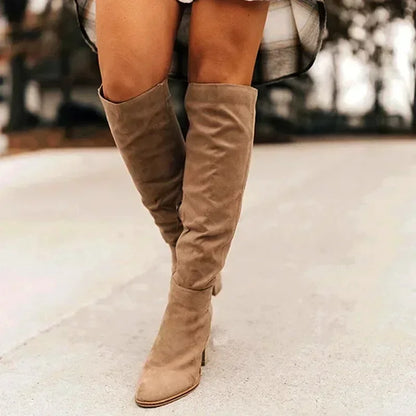 2024 Women Knee-High Boots Sexy High Heels Solid Color Women Shoes Zip Winter Warm Flock Fashion Pointed Toe Rome Females Boots
