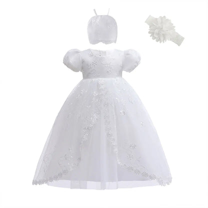 Hetiso White Infant Dress for Baptism Baby Girls Lace Dresses with hat Kids Clothes Christening Birthday Outfits 3-24 Month