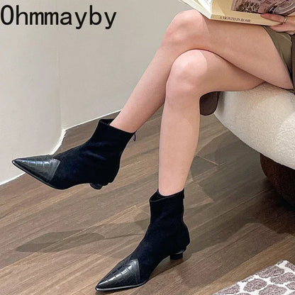 2024 Spring Autumn Women's Ankle Boots Fashion Pointed Toe Short Botas Ladies Elegant Low Heel Shoes Winter Women's Pumps