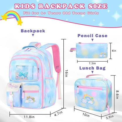 3Pcs Kid's Backpacks Girls School Backpack with Lunch Pencil Bag Cute Travel School Bookbag Christmas Kids Gift