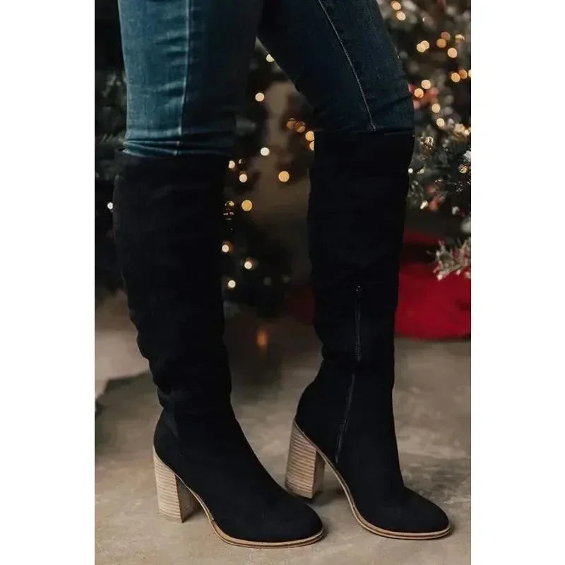 2024 Women Knee-High Boots Sexy High Heels Solid Color Women Shoes Zip Winter Warm Flock Fashion Pointed Toe Rome Females Boots